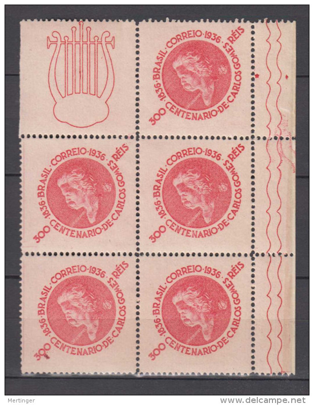 Brazil Brasil Mi# 448 ** MNH Block Of 5 CARLOS GOMES 1936 Music - Neufs