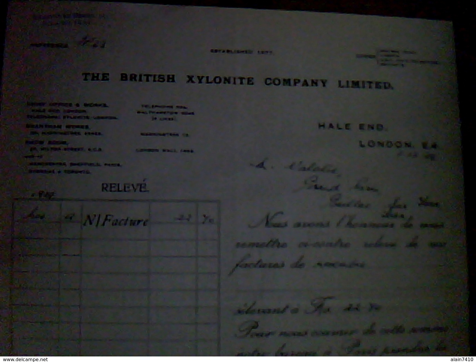 Vieux Papiers Facture De 1929 The British Xylonite Compagny Limited De Londres Origine Angletere - United Kingdom