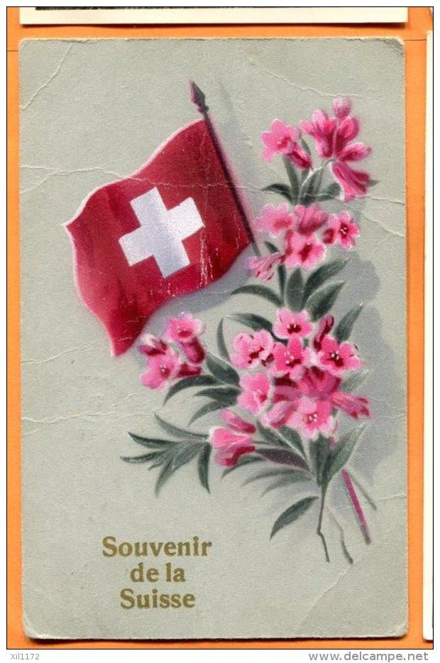 FAL-09 Litho Souvenir De La Suisse, Drapeau, Rhododendrons. Traces D'usure Et Petits Plis. Cachet 1913 - Souvenir De...