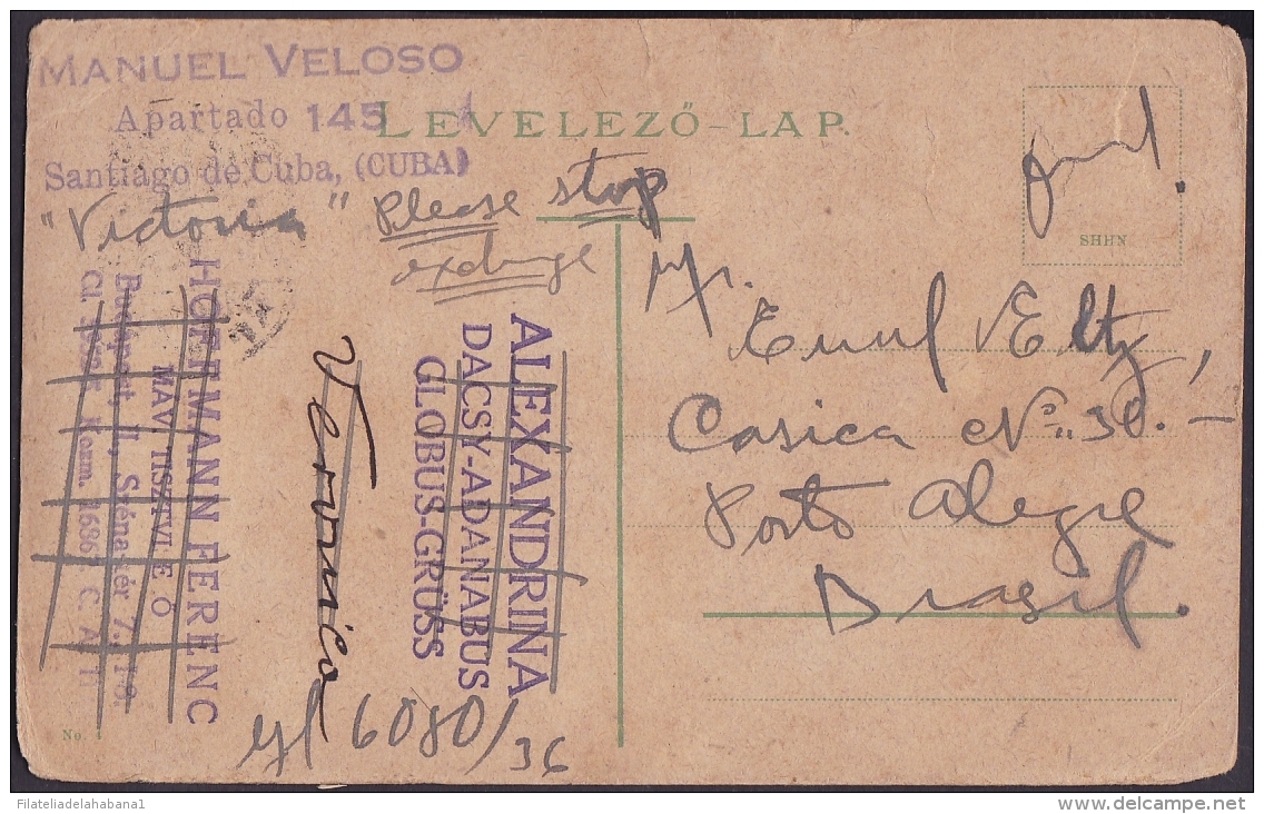 1917-H-268 CUBA REPUBLICA. 1917. RARE FORWARDED POSTCARD 1932 HUNGARY- CUBA - BRAZIL - Lettres & Documents