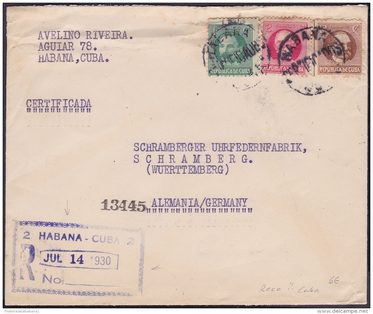 1917-H-271 CUBA REPUBLICA. 1917. 1-2-10c PATRIOTAS. 1930. SOBRE CERTIFICADO DE LA HABANA A ALEMANIA GERMANY. - Brieven En Documenten