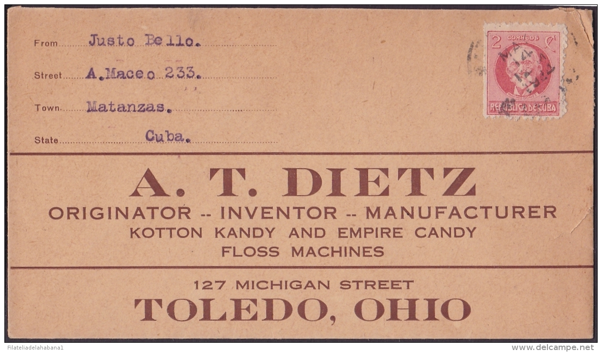 1917-H-276 CUBA REPUBLICA. 1917. 2c PATRIOTAS. SOBRE DE MATANZAS A US. - Brieven En Documenten