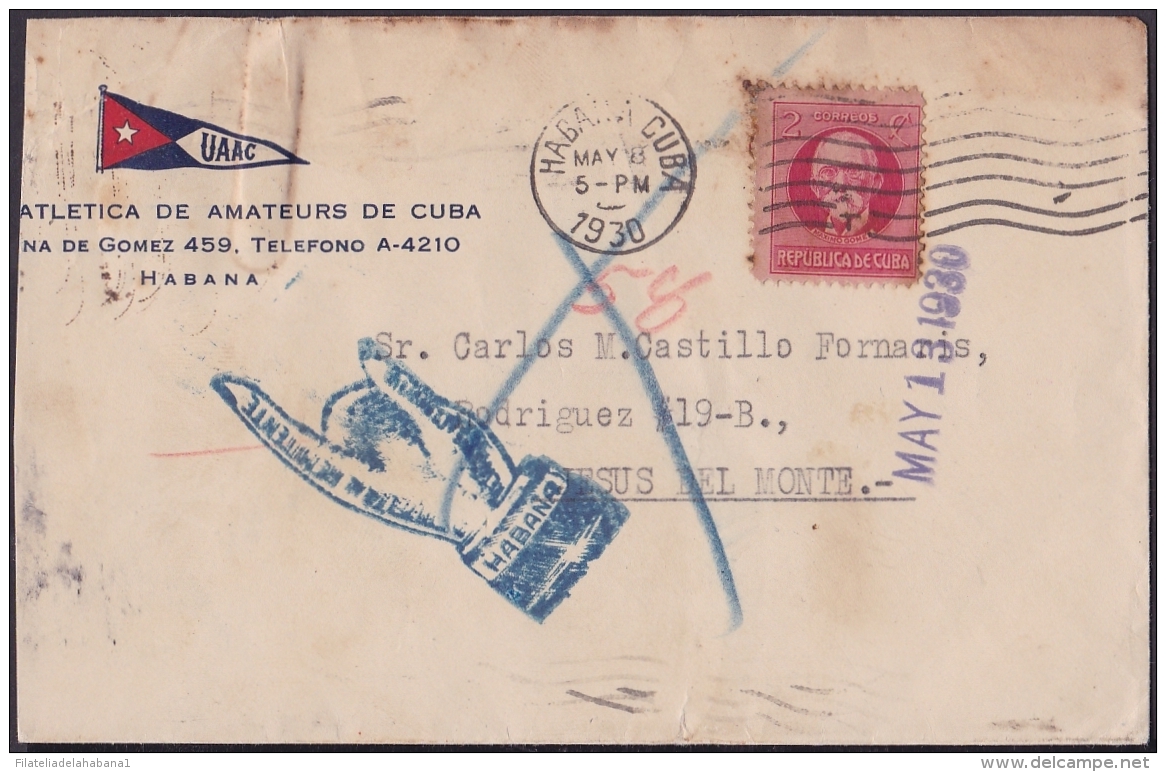 1917-H-277 CUBA REPUBLICA. 1917. 2c PATRIOTAS. 1930. FORWARDED COVER. RARE POSTMARK IN REVERSE. - Lettres & Documents