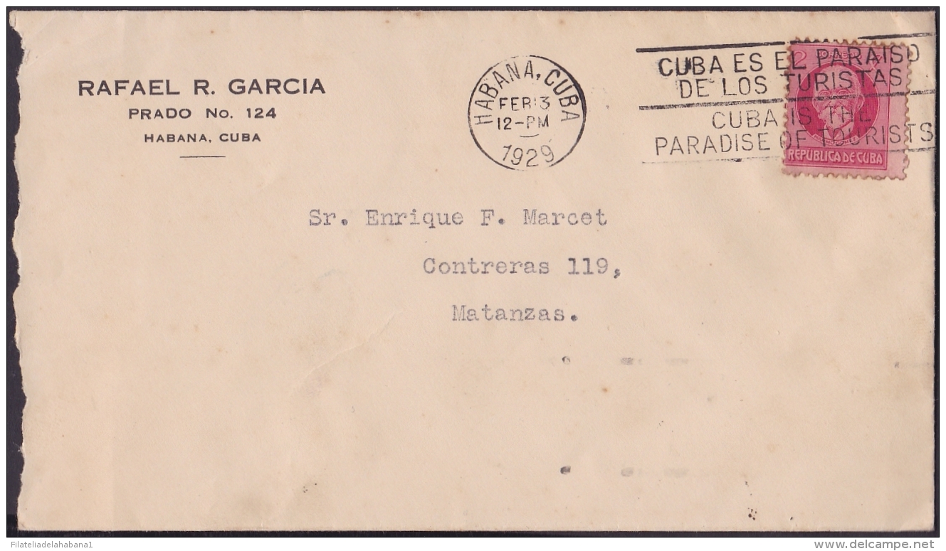 1917-H-291 CUBA REPUBLICA. 1917. 2c 1929. SOBRE MARCA "CUBA PARAISO DE LOS TURISTAS.." TURISM FIRT YEAR OF USE. - Brieven En Documenten