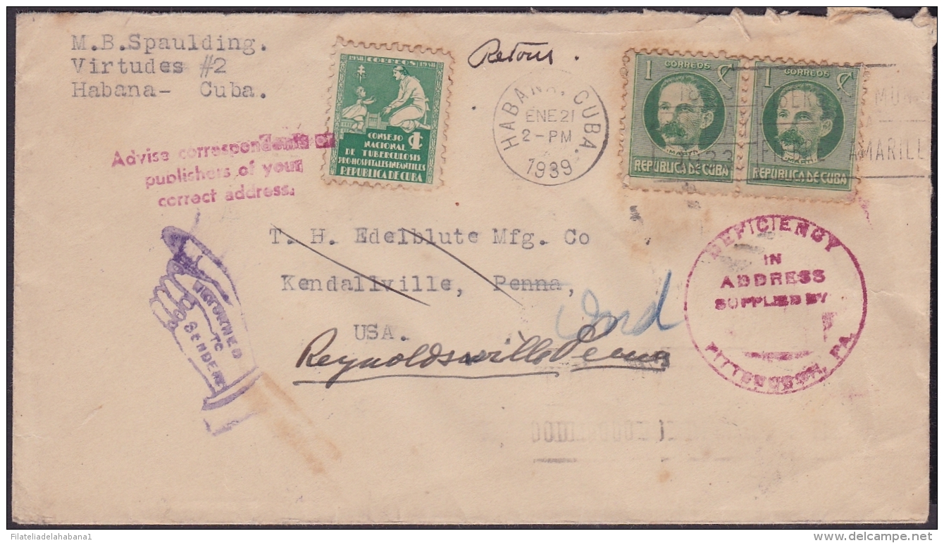 1917-H-295 CUBA REPUBLICA. 1917. 1c 1939. FORWARDED COVER. RARE POSTMARK IN REVERSE. - Lettres & Documents