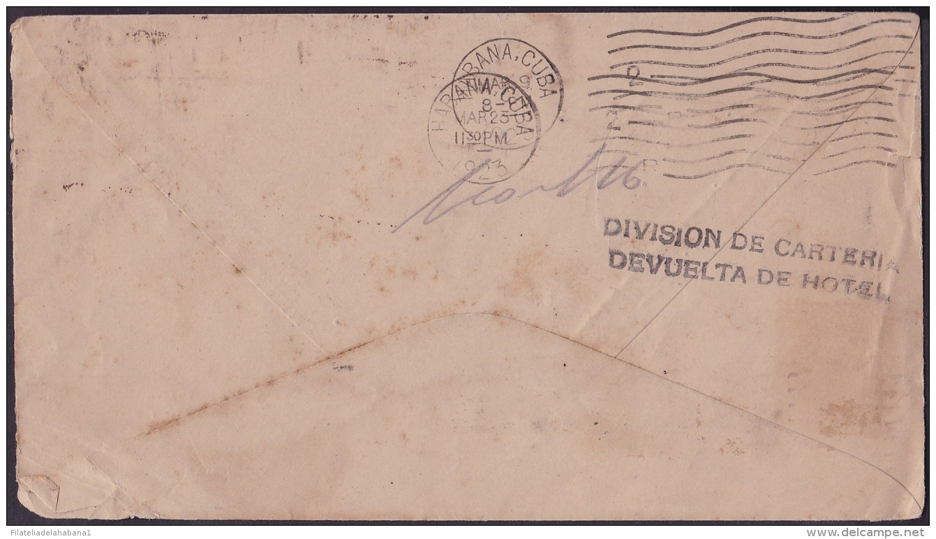 1917-H-301 CUBA REPUBLICA. 1917. 1-2c PATRIOTAS. 1923. FORWARDED COVER. RARE "DIVISION DE CARTERIA. DEVUELTO AL HOTEL". - Lettres & Documents