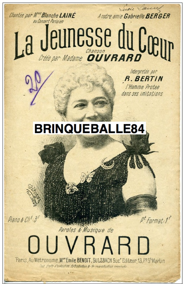 PARTITION OUVRARD (ÉLOI) LA JEUNESSE DU COEUR CRÉATION MADAME OUVRARD BERTIN LAINÉ 1902 ILL LAVIGNE LANGLOIS - Autres & Non Classés