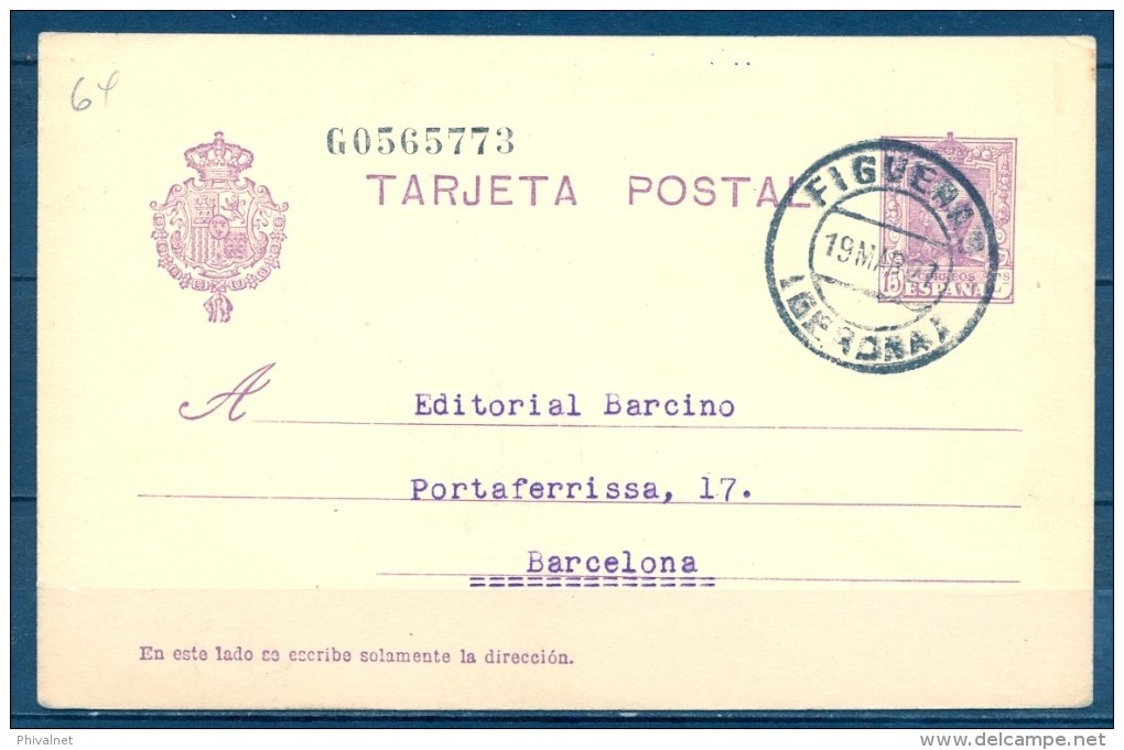 1927 , GERONA , E.P. 57 CIRCULADO ENTRE FIGUERAS Y BARCELONA - 1850-1931