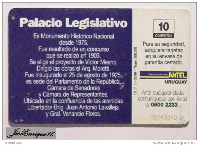 URUGUAY - TARJETA TELEFONO - PHONE CARD - ANTEL  TC  11a - PALACIO LEGISLATIVO - Uruguay