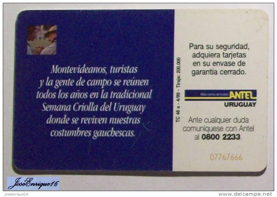 URUGUAY - TARJETA TELEFONO - PHONE CARD - ANTEL  TC  46a - GAUCHOS, Cowboy - Uruguay