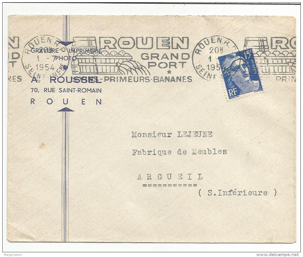 OBLITERATION MECANIQUE SUR LETTRE A EN TETE DE ROUEN DU 1/7/1954 - 1921-1960: Modern Period