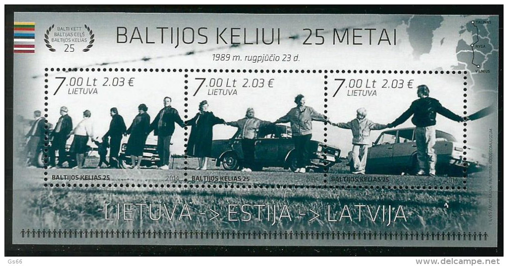 Litauen, 2014, 1166/68 Block 50, Menschenkette „Baltischer Weg“. MNH ** - Litauen