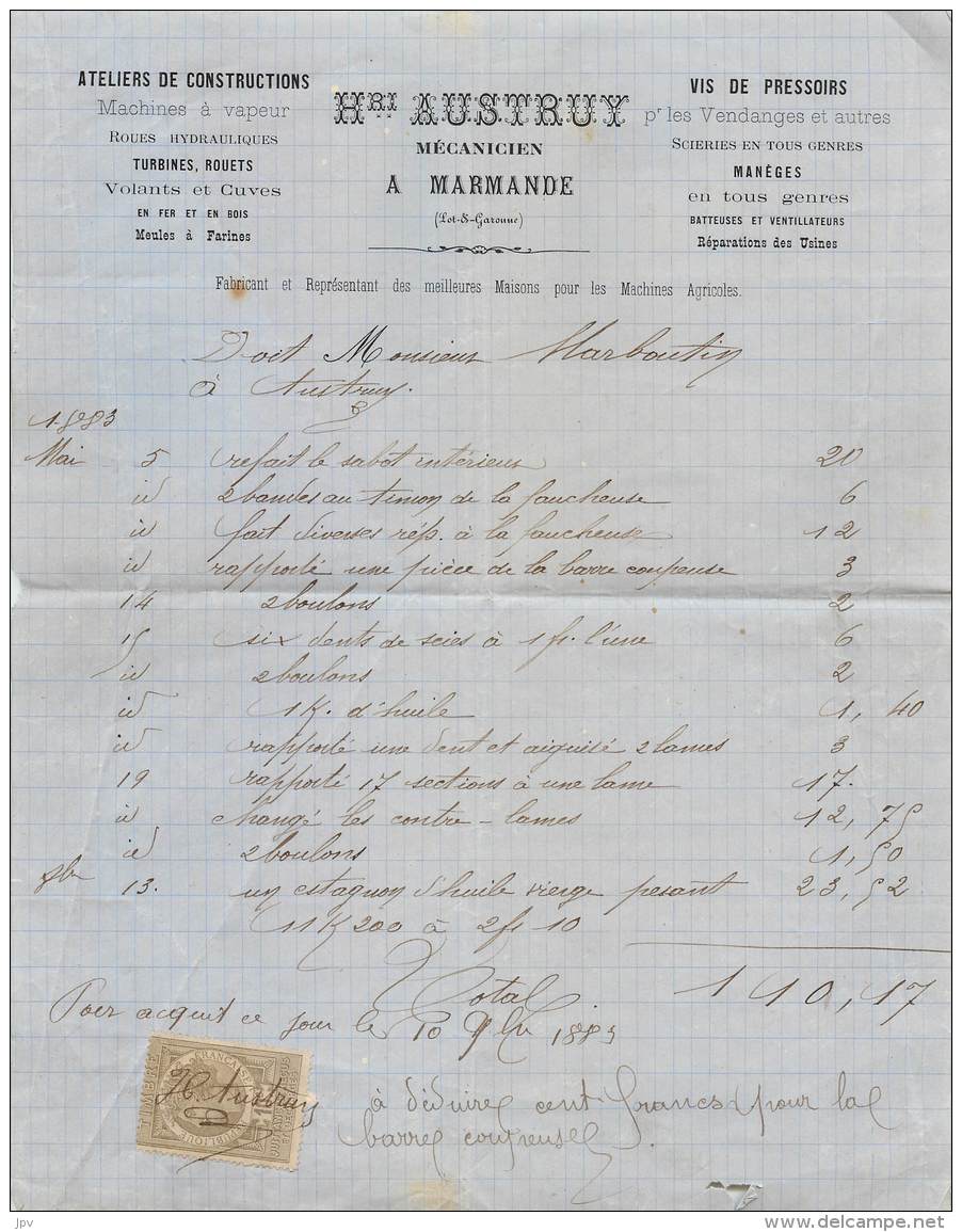 FACTURE LETTRE : MARMANDE - HENRI AUSTRUY - MECANICIEN - 1883 - Andere & Zonder Classificatie