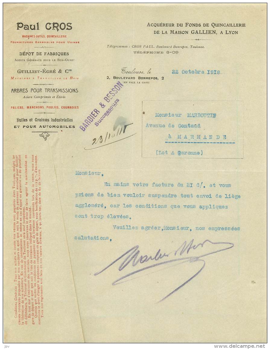 FACTURE LETTRE : TOULOUSE - PAUL CROS - MAISON GALLIEN LYON - BARBIER &amp; BESSON - 1918 - Andere & Zonder Classificatie