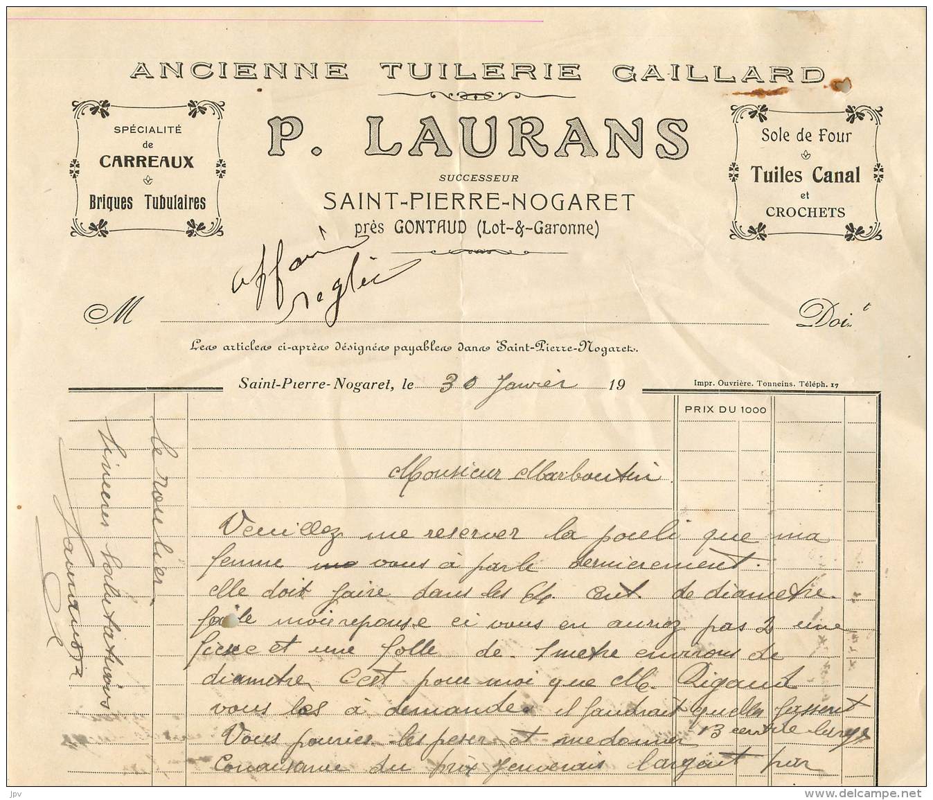 FACTURE LETTRE : SAINT PIERRE NOGARET -  ANCIENNE TUILERIE GAILLARD - P LAURANS - Altri & Non Classificati