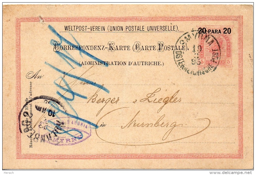 Levant Autrichien Entier Postal Smyrna Pour L'Allemagne 1895 - Oostenrijkse Levant