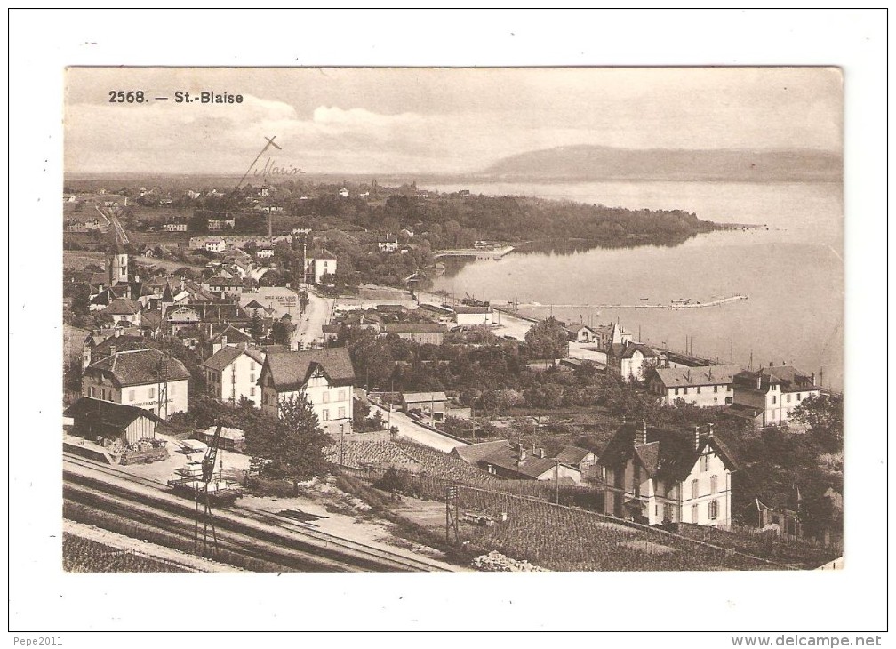 CPA Suisse ( Neuchatel ) SAINT BLAISE MARIN Vue Générale Voie Ferrée Maisons Lac Imprimé " Chez Jean Louis  Biere Muller - Marin