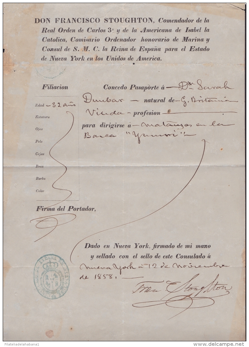 E4002 US CUBA SPAIN ESPAÑA. 1858. OLD LICENCE PASSP. NEW YORK CONSULATE. - Historical Documents