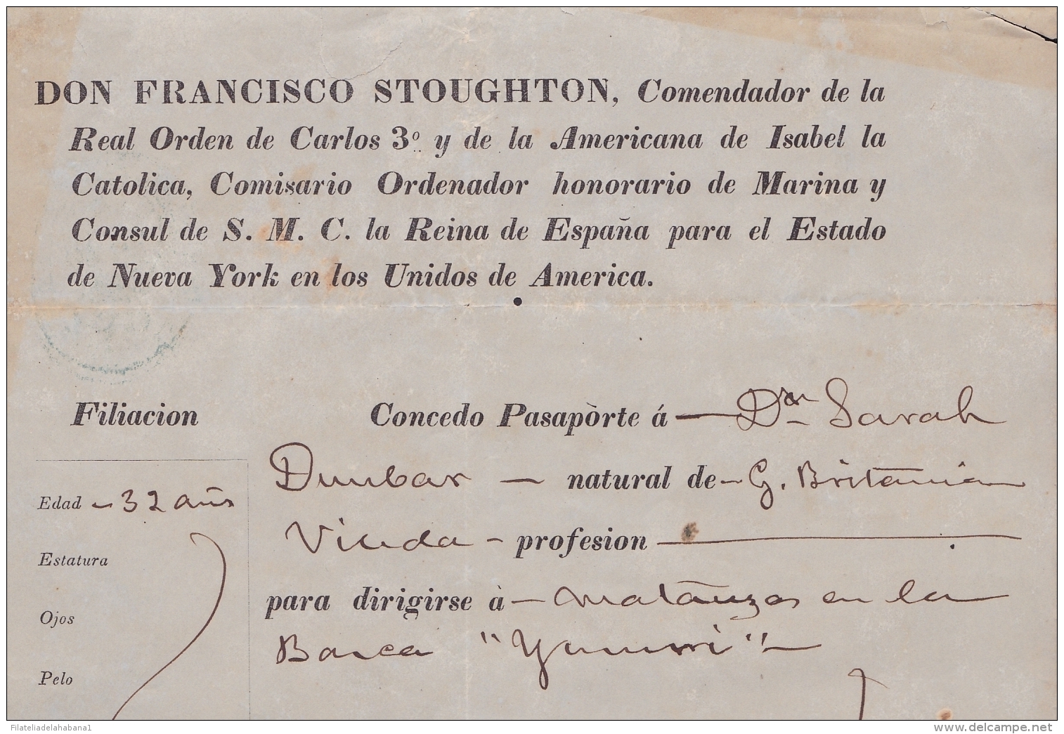 E4002 US CUBA SPAIN ESPAÑA. 1858. OLD LICENCE PASSP. NEW YORK CONSULATE. - Historical Documents