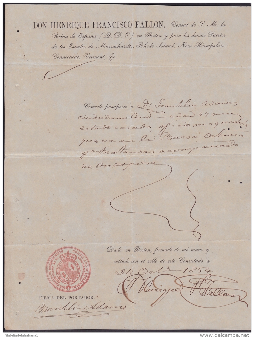 E4003 US CUBA SPAIN ESPAÑA. 1854. OLD LICENCE PASSP. BOSTON CONSULATE. - Historical Documents