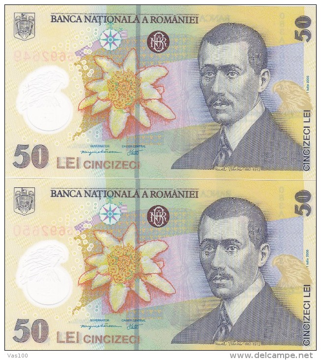 50 Lei 2005 UNC X2 Polymer Plastic Note SERIE CONSECUTIVE Romania. - Romania