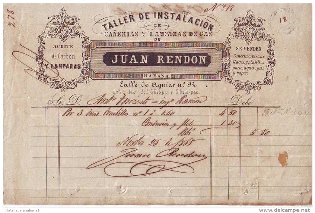 E4011 CUBA SPAIN ESPAÑA 1865 INVOICE LAMPARAS DE GAS INGENIO RAMON SUGAR MILLS - Historical Documents