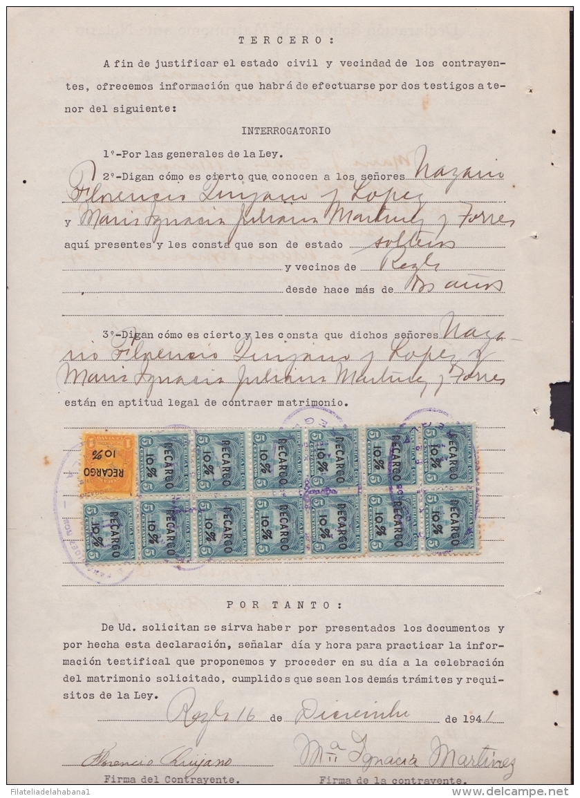 REP-74  CUBA ANTILLES CARIBBEAN HAVANA (LG562) 1938. NATIONAL REVENUE TIMBRE. MARRIAGE DOC. - Portomarken