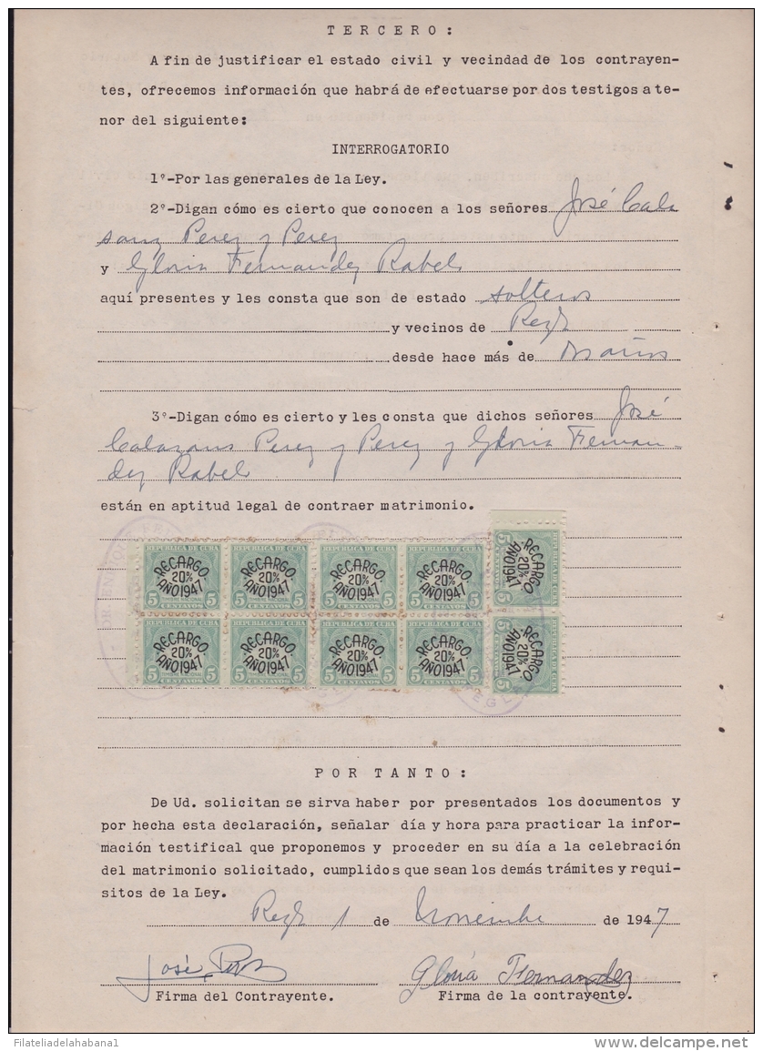 REP-79 CUBA ANTILLES CARIBBEAN HAVANA (LG567) 1947. NATIONAL REVENUE TIMBRE. MARRIAGE - Portomarken