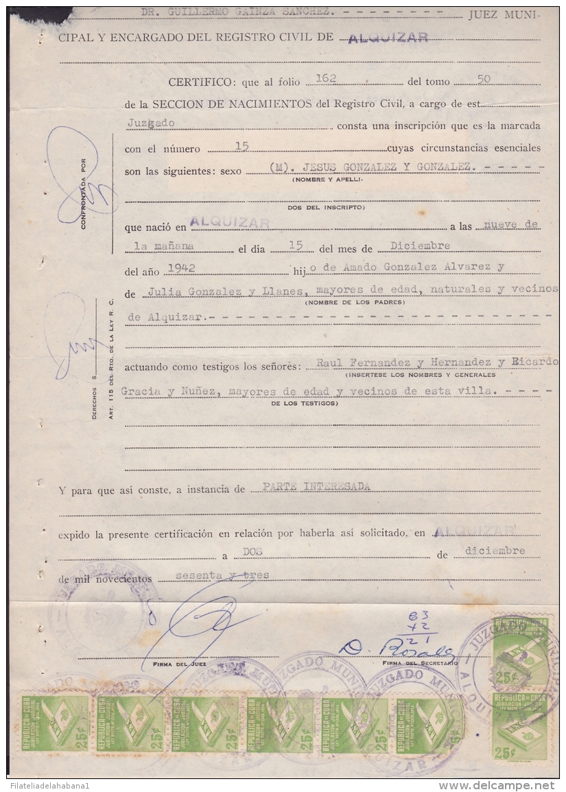 REP-81 CUBA ANTILLES CARIBBEAN HAVANA (LG569)1954 JUDGES PLAN REVENUE MARRIAGE DOC - Strafport