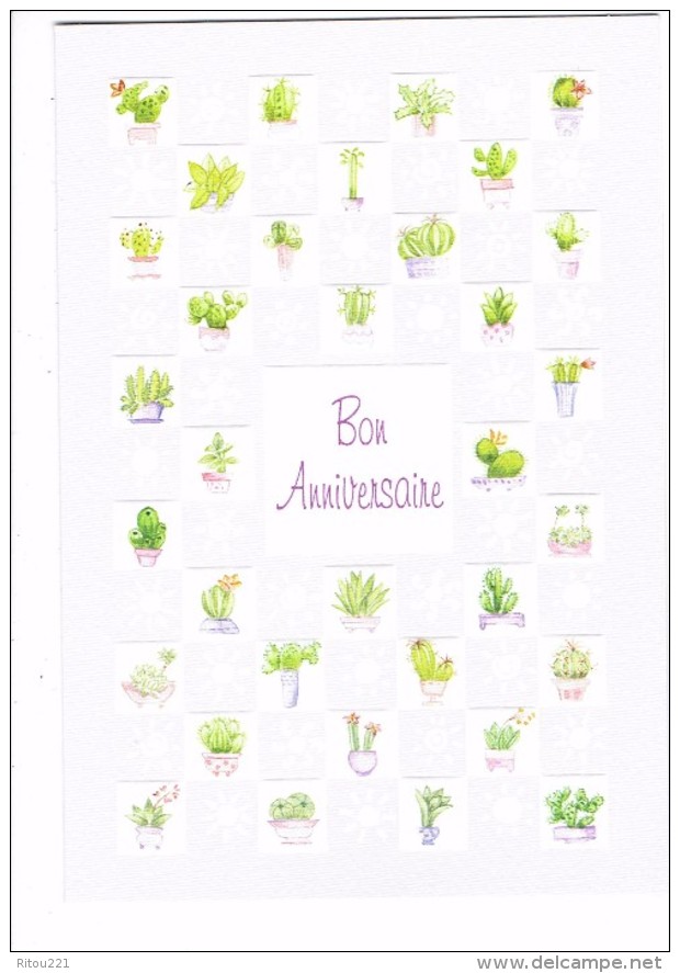 Double Carte BON ANNIVERSAIRE - Illustration Pot De Cactus - Fleurs - Cactusses