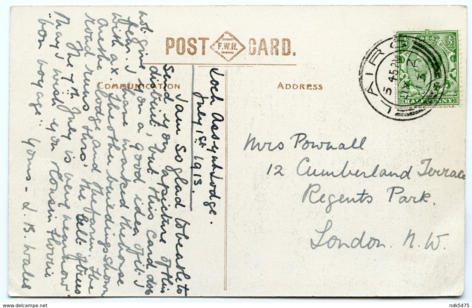 SUTHERLAND : ASSYNT LODGE AND WEST SIDE OF QUINAG / POSTMARK - LAIRG / ADDRESS - REGENTS PARK, CUMBERLAND TERRACE - Sutherland