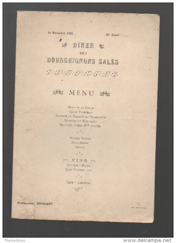 Pais : Restaurant DROUANT 1922  Dîner DES BOURGUIGNONS SALéS   (M2227) - Menus