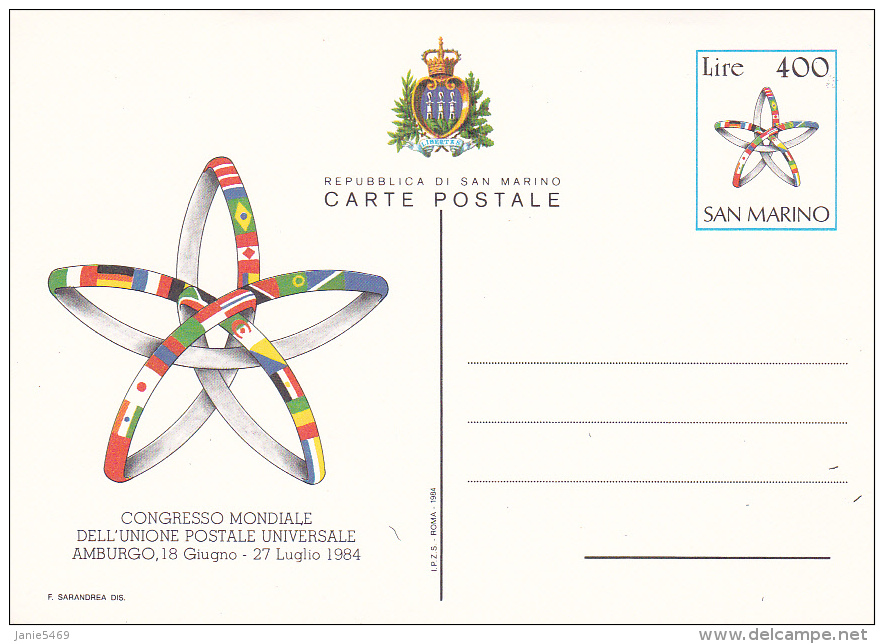 San Marino 1984 Mint Postal Card,UPU World Congress - Gebruikt