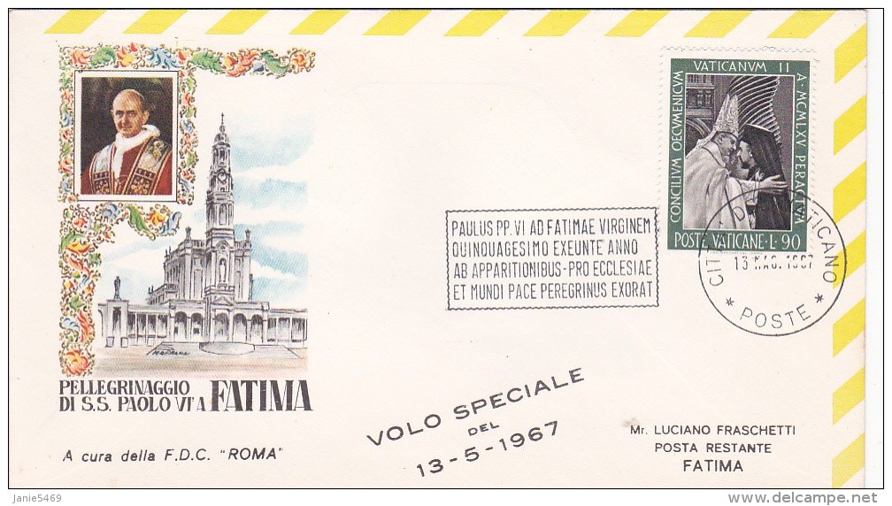 Vatican City 1967 Special Flight To Fatima ,souvenir Cover - Covers & Documents