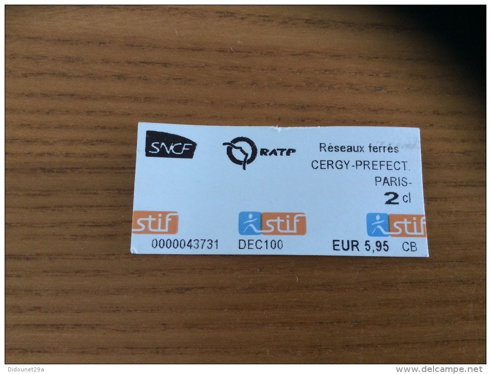 Ticket De Métro Stif PARIS(75) RATP SNCF "CERGY-PREFECT. PARIS" - Europa