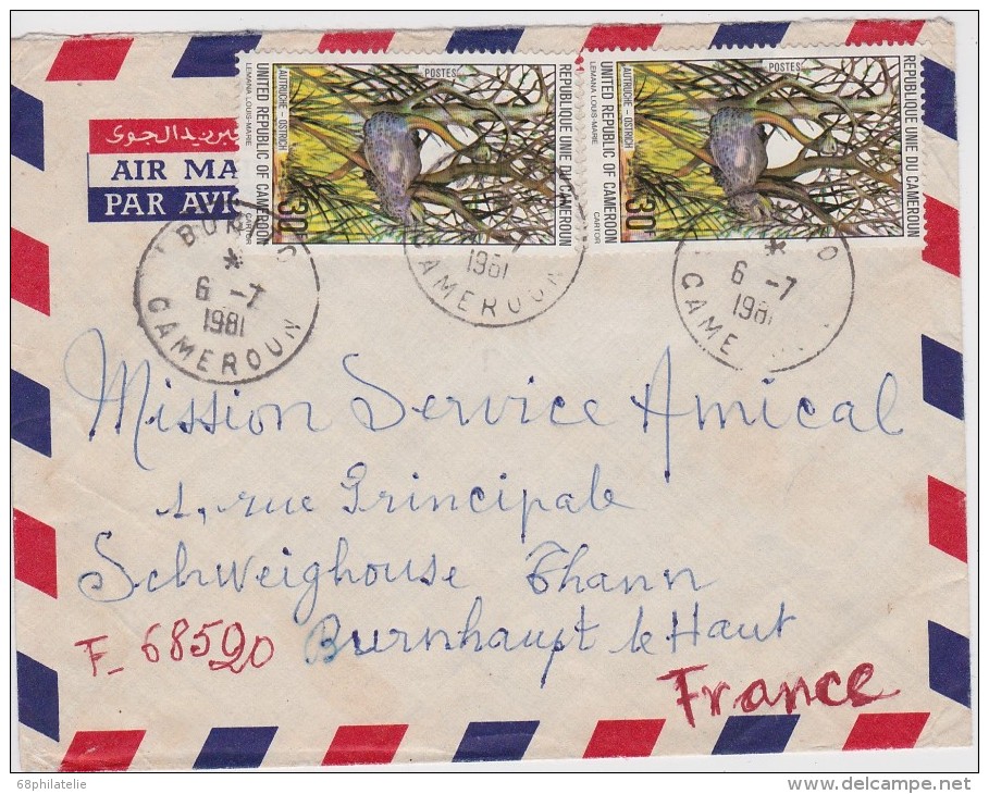 CAMEROUN LETTRE AVEC TIMBRES AUTRUCHE - Straussen- Und Laufvögel