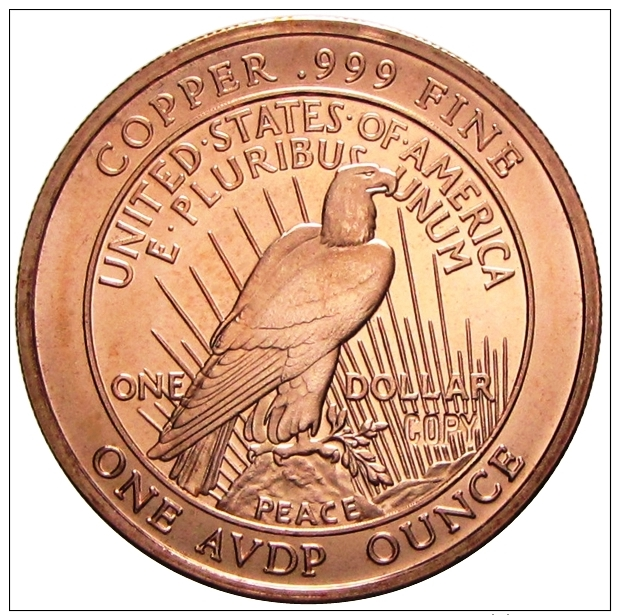 Copper Cobre Cuivre Round 2011 Stati Uniti - Medaglia Da Un Oncia Once In Rame PEACE DOLLAR Proof - Autres & Non Classés