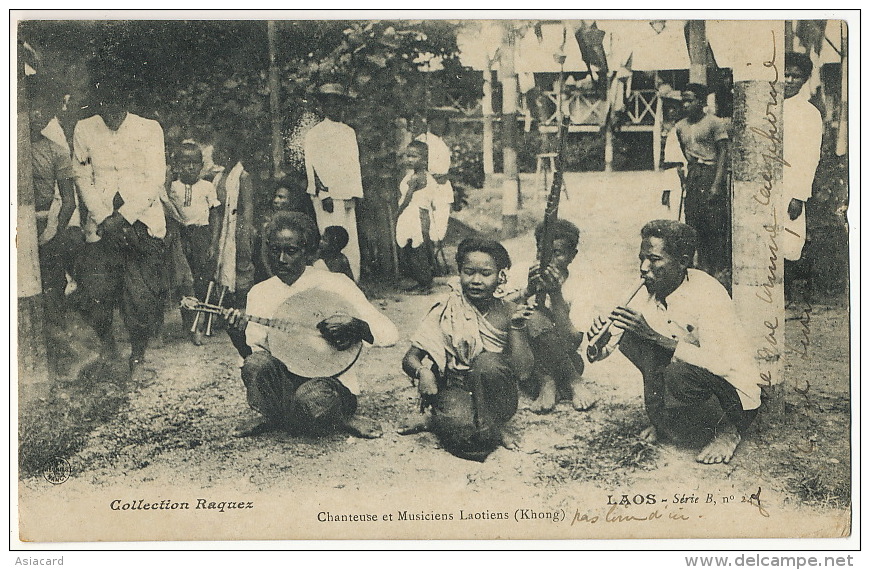 Chanteuse Et Musiciens Laotiens Khong Raquez 24 B Timbrée Paksé à Pharmacien Hopital Complementaire Arcachon 1916 - Laos