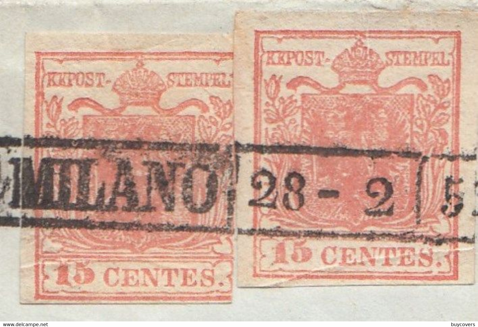 1295 - Lettera Del 28 Febbraio 1852 Da Milano A Pontevico Con Due Valori Da Cent 15 Rosa 2° Tipo (Sass. N 5) - Lombardo-Vénétie