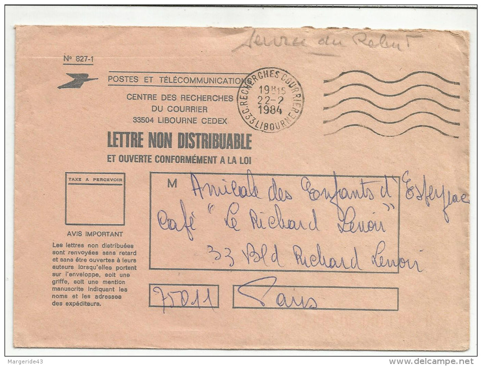 OBLITERATION MECANIQUE DU CENTRE RECHERCHES COURRIER DE LIBOURNE (GIRONDE) 1984 - 1961-....