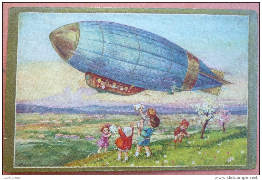 Cp RARE LITHO Dorure Illustrateur CASTELLI DEGAMI 2269 Enfant Enfants Dans Gros Ballon Dirigeable 1932 - Castelli