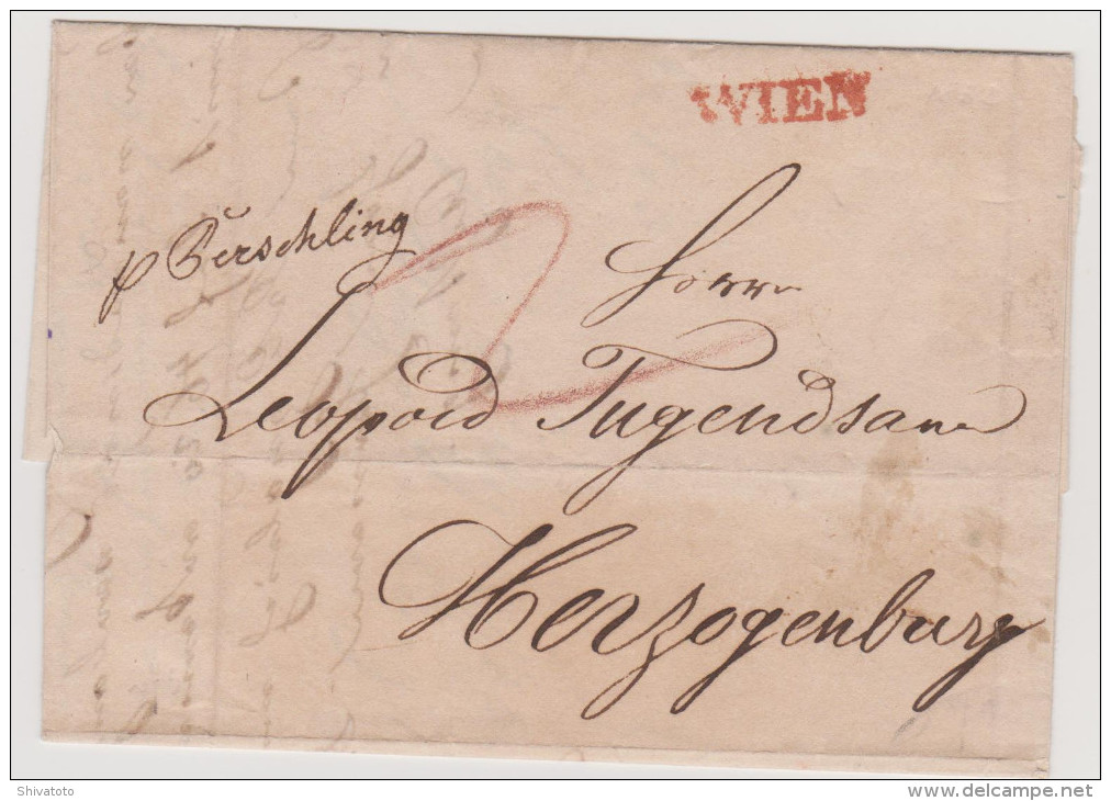 (3839) Austria Stampless Red Strike WIEN-Herzorgenburg 1832 Tax 2 Man "p Berschling" - ...-1850 Prephilately