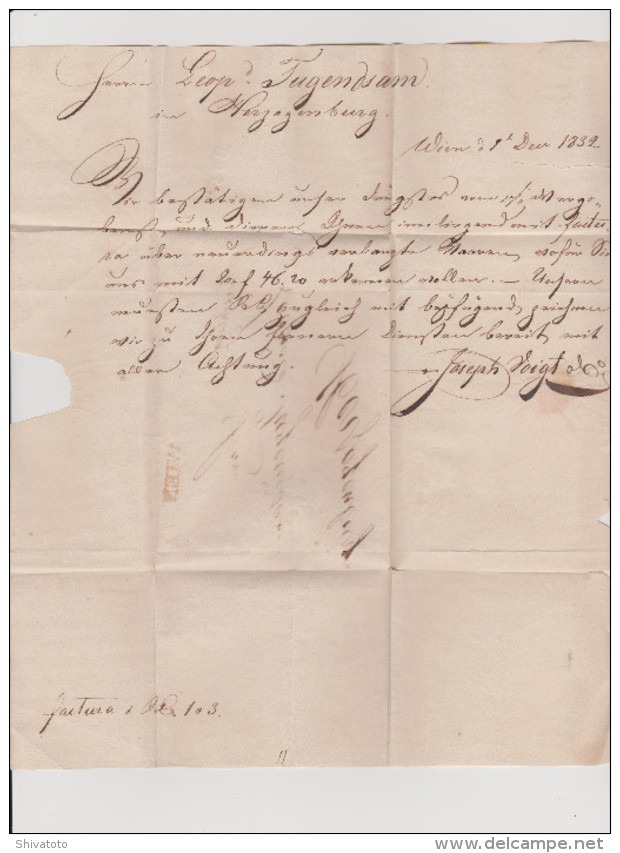 (3839) Austria Stampless Red Strike WIEN-Herzorgenburg 1832 Tax 2 Man "p Berschling" - ...-1850 Préphilatélie