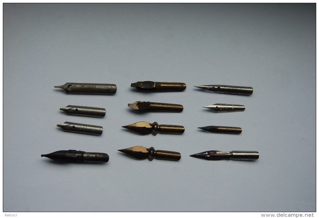 Lot Of 12 Nibs (uncleaned) - BRAUSSE, PERRY&Co, BAIGNOL, BRITISH GOODS, JOHN MITCHELL, IRIDINOID - Pens