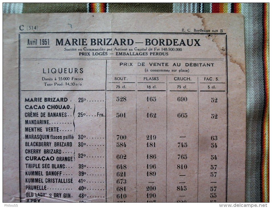 Lot De 2 33 BORDEAUX    MARIE BRIZARD  Facture Et Tarif  1951 - Factures