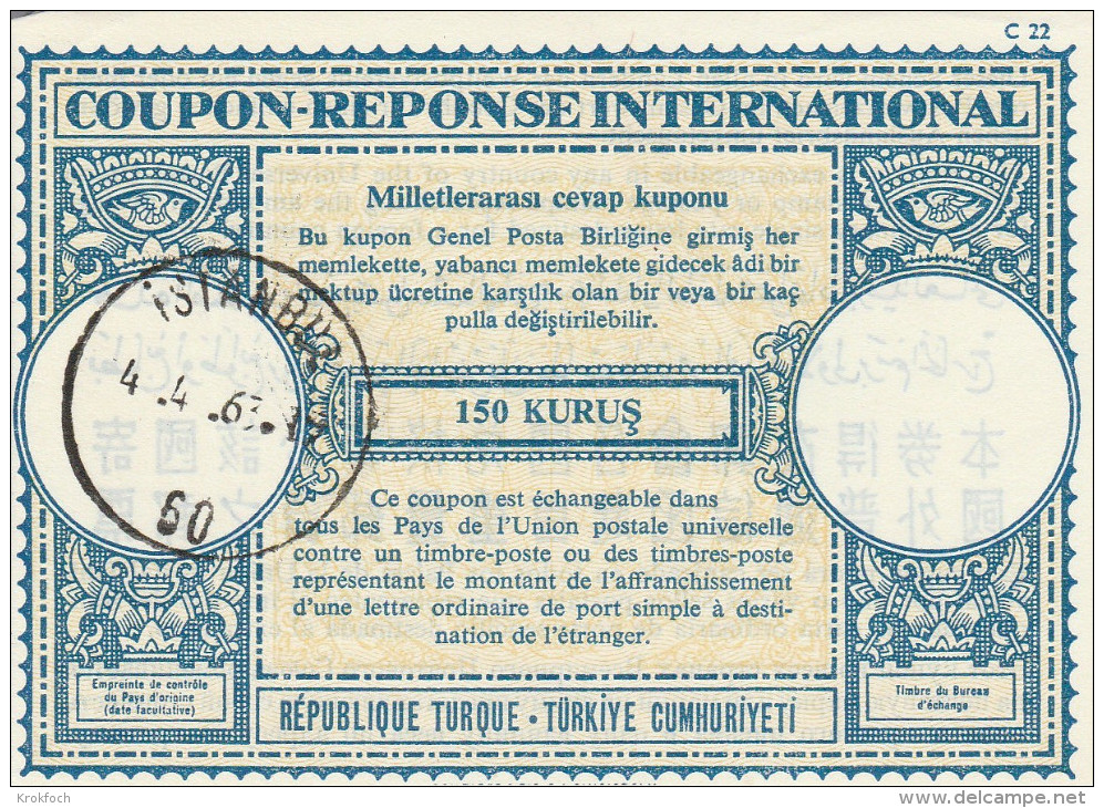 Coupon Réponse Turquie Modèle C22 - 150 Kurus - Istanbul 1963 - IRC IAS - Postal Stationery