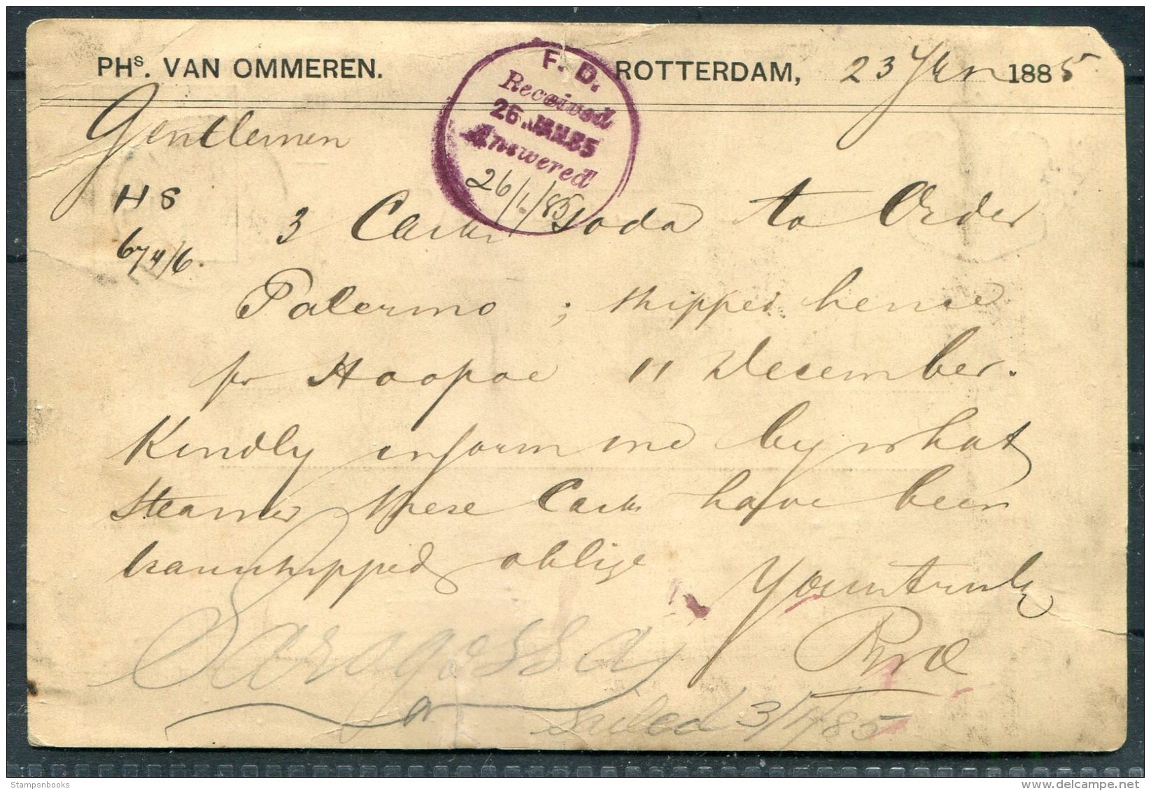 1885 Netherlands Rotterdam Stationery Postcard - Cunard Line Steamship Company Liverpool - Covers & Documents