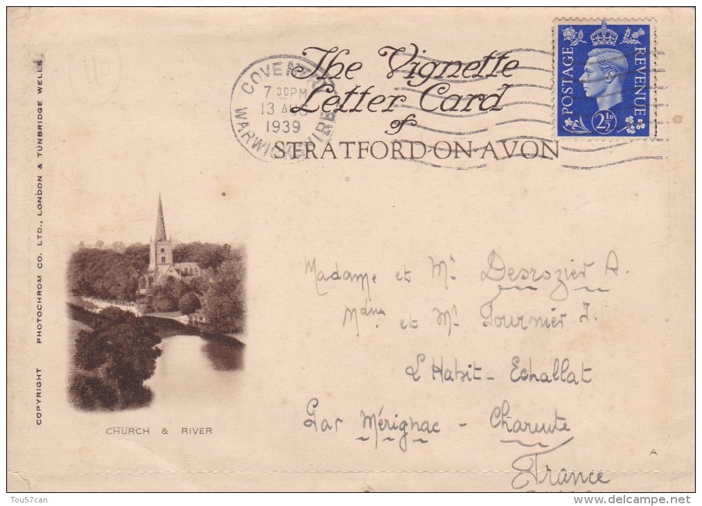 STRATFORD UPON AVON - WARWICKSHIRE - ENGLAND - RARE VIGNETTE LETTER CARD 1939. - Stratford Upon Avon