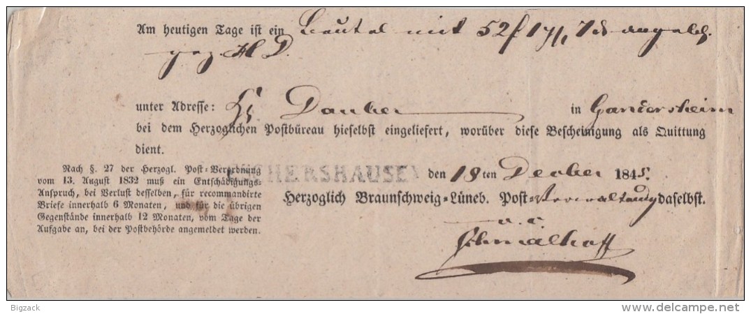 Braunschweig Einlieferungsschein L1 Eschershausen 18.12.1845 - Brunswick