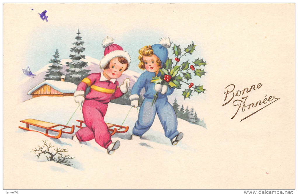 CPA Fantaisie - Illustrateur - Enfants - Luge - Bonne Année - 1900-1949